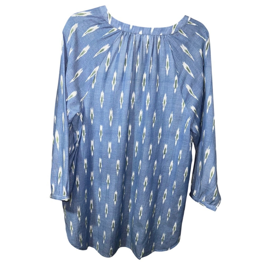 J.Jill Blue Ikat Print Novelty Tunic Blouse Split V-Neck 3/4 Sleeve Small - Picture 2 of 4